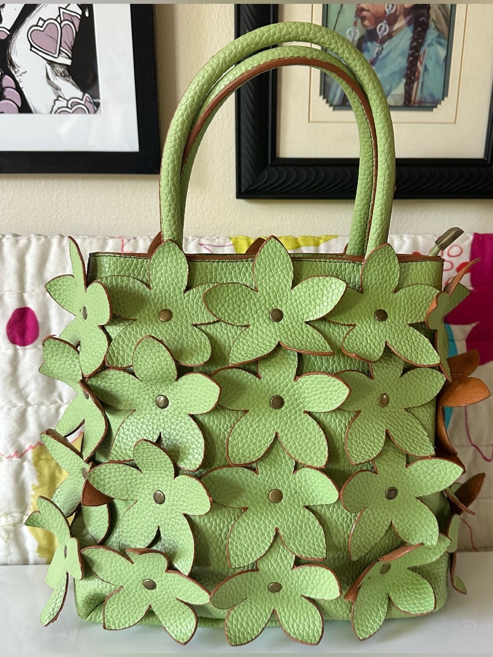 green 3d studded flowers vegan leather handbag